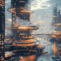 Sticker - Futuristic city skyline with glowing buildings and a river.