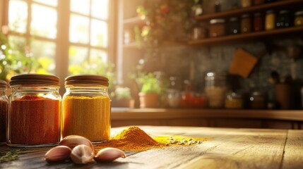Poster - Jars of Spices on a Wooden Table with Garlic Cloves