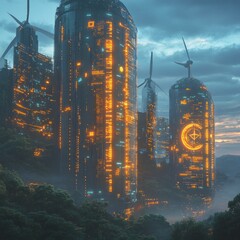 Sticker - Futuristic city skyline with glowing windows and wind turbines in the distance.