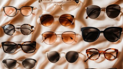 Stylish Sunglasses Collection on Fabric Background