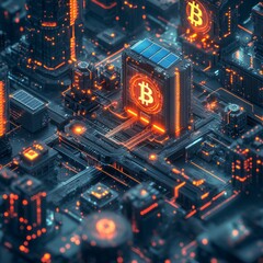 Poster - Futuristic city with Bitcoin symbol and circuit board design.