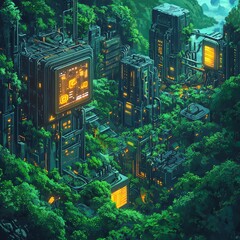 Wall Mural - Futuristic city with glowing screens nestled amidst lush green trees.