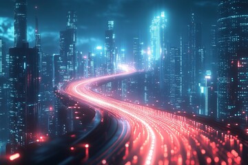 Poster - Futuristic cityscape with a glowing road at night.