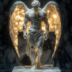 Poster - Fullbody marble statue of muscular man with angel wings and a toga Golden pigments fill the cracks glowing softly in the dark setting Greek craftsmanship with fine details emphasized by soft light