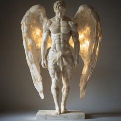 Poster - Fullbody marble statue of muscular man with angel wings and a toga Golden pigments fill the cracks glowing softly in the dark setting Greek craftsmanship with fine details emphasized by soft light