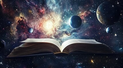 Wall Mural - open book, bright galaxy background with planets