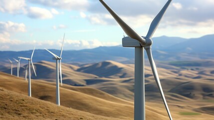 A close-up of wind turbines with rolling hills in the background, symbolizing renewable energy and zero carbon initiatives