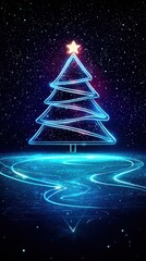 Fototapete - Neon Christmas tree glowing on dark background