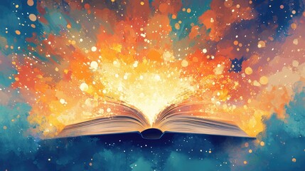 Wall Mural - open book,release light,colourful background,in flat brushing illustration