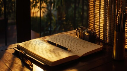 Poster - Open Book with Pen, Camera, and Blurry Window Background