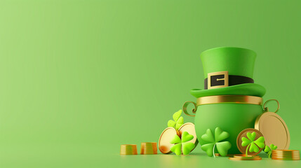 3d render green pot gold coin clover leaf st patrick's day background copy space