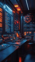 Canvas Print - Futuristic control room with glowing screens and a complex network of data visualizations.