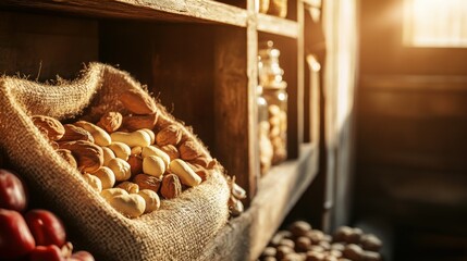 Poster - A burlap sack filled with almonds, cashews, and walnuts, positioned on a wooden shelf