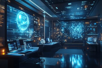 Canvas Print - Futuristic control room with glowing screens and digital data.