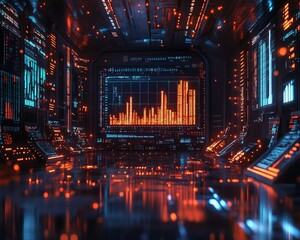 Wall Mural - Futuristic control room with glowing screens and a large display showing a stock market chart.