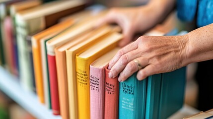 Poster - Hand Reaching for a Row of Colorful Books on a Shelf