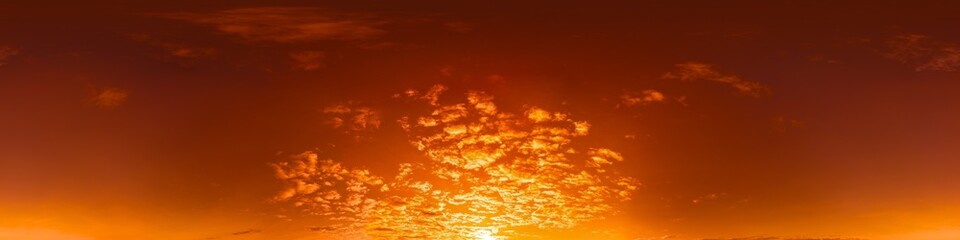 Wall Mural - Golden glowing red orange overcast sunset sky 360 hdr panorama. Seamless spherical equirectangular panorama. Sky dome or zenith for 3D visualization and sky replacement for aerial drone 360 panoramas.