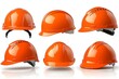 © Rebecca Jestico - Set of safety hard hat orange helmets  isolated on white background. Industry protective equipment.