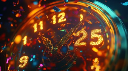 Close-up of a Gold Clock Face with Confetti at 25 Minutes Past the Hour