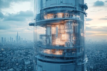 Poster - Futuristic glass skyscraper with cityscape in the background.