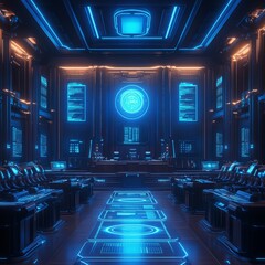 Canvas Print - Futuristic interior with glowing blue lights and a circular emblem on the wall.