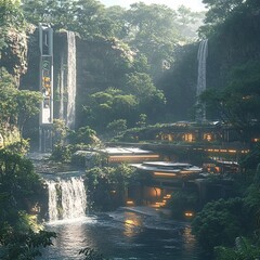 Poster - Futuristic resort nestled in lush jungle with cascading waterfalls and an elevator leading to an observation deck.