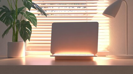 Poster - Minimalist Workspace with a Blank Tablet and Sunlight Streaming Through Blinds