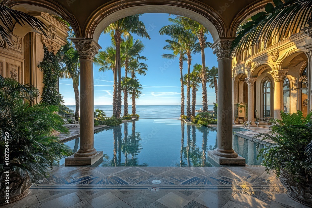 Curated visual reference: Visual Reference: Elegant Seaside Mansion With High Ceilings Infinity Pool And