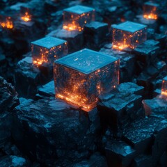 Wall Mural - Glowing glass cubes on a rocky surface.