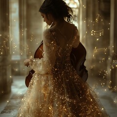 Poster - A dim room a spectral woman gracefully plays a wooden cello Her ethereal dress interlaces with music notes which float in the air forming a mesmerizing blend of music and light