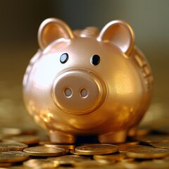 Sticker - Gold piggy bank sitting on a pile of coins.