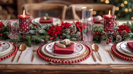 Poster - A table with a red tablecloth and a white tablecloth with a red napkin