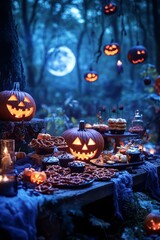 Sticker - Halloween feast with jack-o'-lanterns, sweets, and spooky decorations in a moonlit forest.