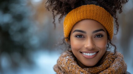 Wall Mural - A woman with curly hair and a yellow hat is smiling