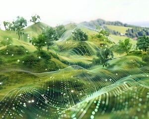 Streams of Digital Data Shaping a Lush Landscape of Nature s Beauty