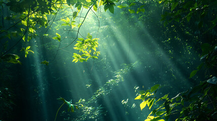 leaves in the sun, scene with sun rays, forest, 