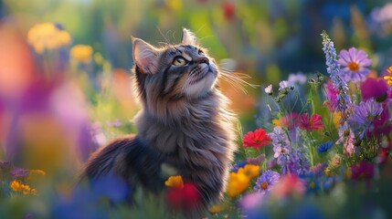 A fluffy cat in a garden, surrounded by colorful flowers, looking up into the distance