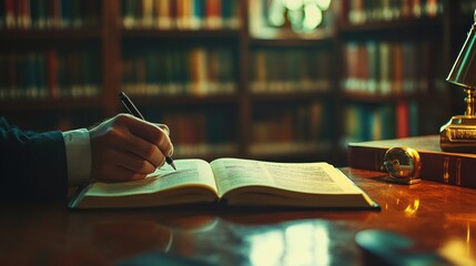 Poster - Hand Writing in an Open Book with a Blurred Library Background