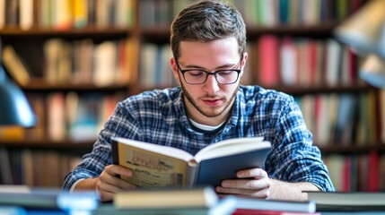 Poster - Young Man Reading a Book in a Library