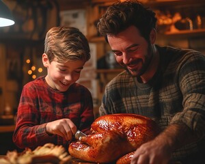 Sticker - Happy father and son carving a roasted turkey together in a cozy kitchen.