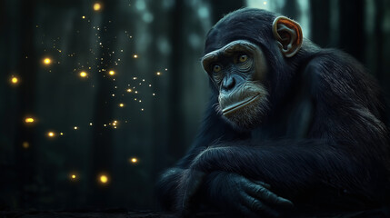 Wall Mural - a close-up of a chimpanzee in a dark, atmospheric forest setting with glowing lights resembling fire