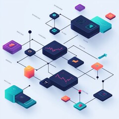 Wall Mural - Isometric 3D illustration of a complex network with various icons and data points.