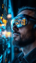 Wall Mural - Man wearing augmented reality glasses looking at data on a server rack.