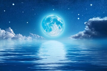 night sky with super blue moon in the clouds over the calm blue sea
