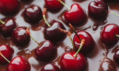 Wall Mural - melted chocolate covering ripe juicy cherries,Generative AI 