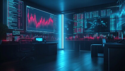 Sticker - Modern office with neon lights and stock market data displayed on monitors.