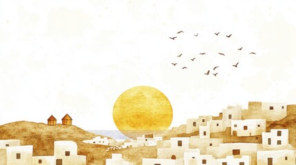 Wall Mural - Serene Watercolor Mediterranean Village at Sunset