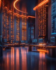 Poster - Modern server room with glowing orange lights, a futuristic interior design and a large number of servers.