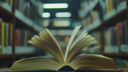 Poster - Open Book in a Library Setting with Blurred Bookshelves in the Background