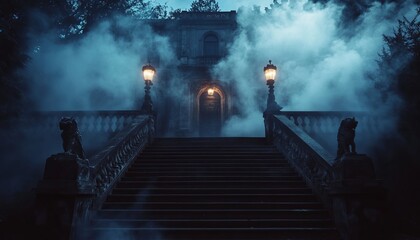 Canvas Print - Mysterious mansion entrance with stone stairs and lion statues shrouded in fog.